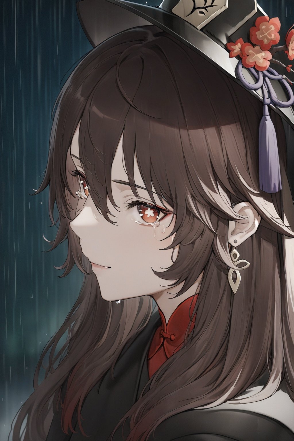 masterpiece, best quality, 1girl,  solo, bangs, hu tao, genshin impact, marumoru_style, hair ornament,  brown hair, jewelry, red eyes, earrings, profile, portrait, looking at viewer, flower shaped pupils, sad, light smile, tears, rain