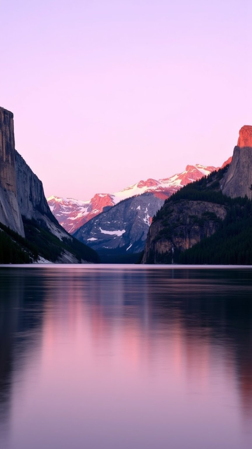 This is a high-resolution photograph capturing a breathtaking landscape of Yosemite National Park during sunrise. The image features a serene, calm body of water in the foreground, reflecting the soft, pastel hues of the sky. The sky itself transitions from a light purple at the top to a soft pink near the horizon, where the sun is just beginning to rise, casting a warm, golden glow on the distant mountains. The most prominent feature in the background is Half Dome, a massive, sheer rock formation that dominates the right side of the image. Its rugged, textured surface catches the early morning light, creating a striking contrast with the smooth, reflective water below. To the left, El Capitan, another iconic rock formation, rises majestically, its towering height accentuated by the soft light. The middle ground is a dense forest of evergreen trees, their dark green needles contrasting sharply with the lighter, almost white, snow-capped peaks in the background. The overall mood of the image is tranquil and awe-inspiring, capturing the beauty and grandeur of nature at its finest.
