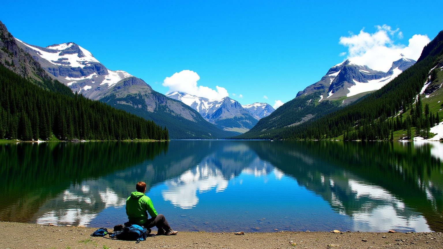 A serene scene of a lone hiker sitting  by the lake side. The hiker is wearing a green jacket, resting with their backpack beside them, taking in the peaceful, majestic beauty of nature. This is a high-resolution photograph capturing a serene mountain lake surrounded by lush greenery and towering mountains. The image is taken in a bright, sunny day with a clear blue sky. The foreground features a calm, reflective lake that mirrors the majestic mountain peaks in the background. The lake's surface is smooth and glass-like, almost perfectly reflecting the surrounding landscape.

The mountains in the background are covered with patches of snow and rugged, jagged peaks. The tallest peak, likely Mount Rainier, is prominently displayed on the right side of the image, its white snowcaps contrasting sharply with the dark, rocky terrain. Smaller peaks and ridges extend left and right from this central peak, adding depth and complexity to the scene.

The middle ground is dominated by a dense forest of evergreen trees, primarily Douglas firs, which vary in height and are scattered across the landscape. The trees are a rich, dark green, and their needles create a lush, verdant carpet that covers the lower slopes of the mountains.

The background is a clear, vibrant blue sky with a few wispy clouds near the horizon, suggesting a clear, crisp day. The overall composition is balanced and harmonious, capturing the pristine beauty of a natural mountainous landscape.