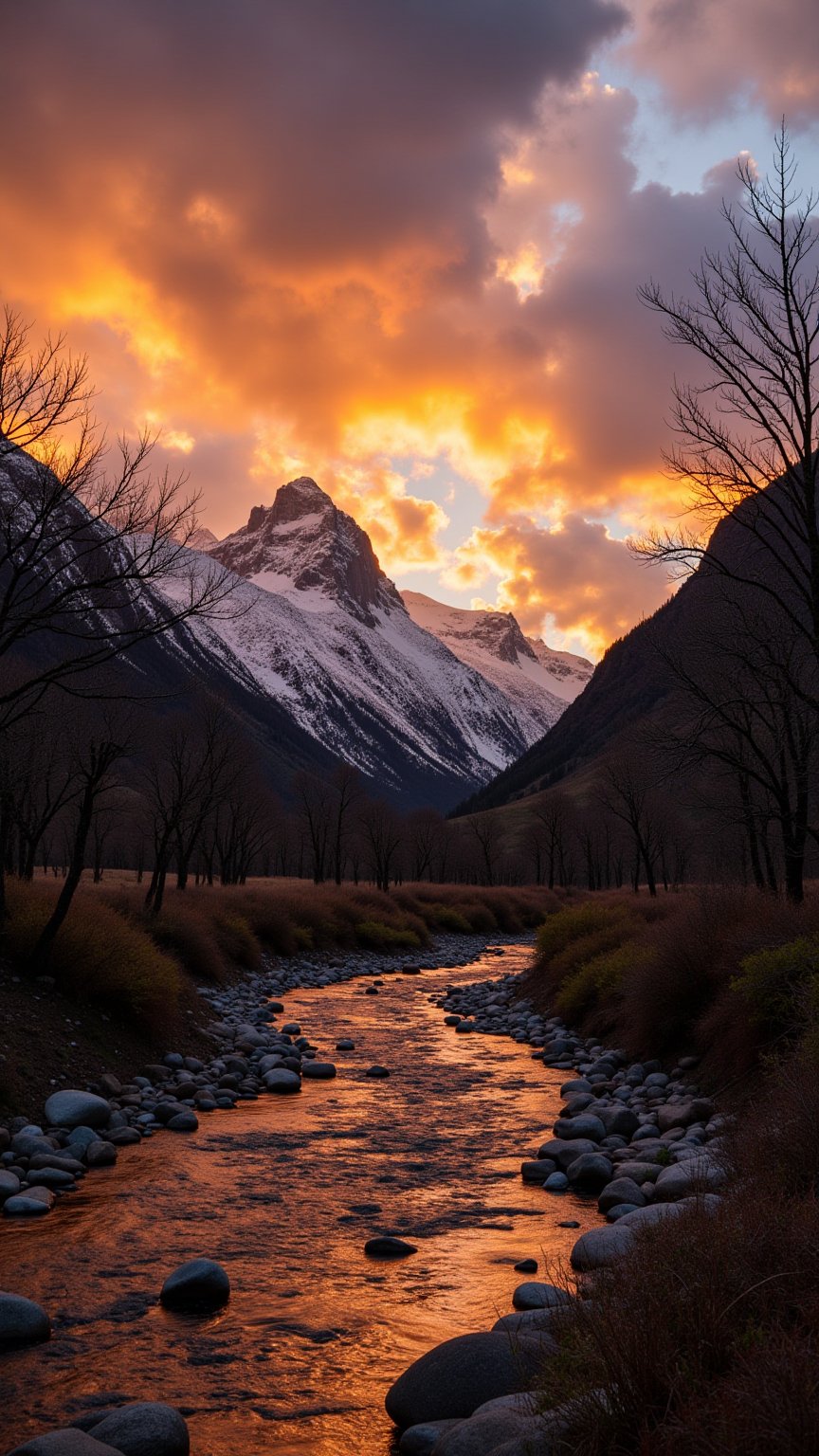 This is a high-resolution photograph capturing a breathtaking landscape during sunset. The scene is dominated by a rugged mountain range with jagged peaks dusted with snow, bathed in the warm, golden light of the setting sun. The mountains are framed by a dramatic sky filled with swirling, moody clouds in shades of gray and orange, hinting at an impending storm.

In the foreground, a winding river flows through the valley, its surface rippling and reflecting the golden hues of the setting sun. The riverbed is strewn with smooth, rounded rocks of various sizes, adding texture and depth to the scene. On either side of the river, sparse vegetation consists of leafless trees and shrubs, their branches bare and silhouetted against the glowing sky. The ground is a mix of rocky terrain and patches of earthy brown and green vegetation, suggesting a dry, arid climate.

The overall color palette of the image is rich and varied, with the warm, golden tones of the sunset contrasting sharply with the cool, muted colors of the mountains and the dark, moody sky. The photograph captures the raw beauty and tranquility of a natural landscape at dusk, emphasizing the interplay of light and shadow.
