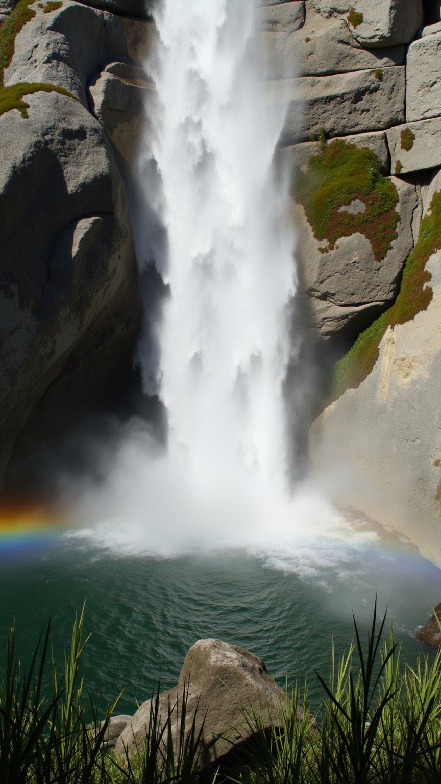 This is a high-resolution photograph capturing a stunning natural scene. The focal point is a powerful waterfall cascading down a rugged cliff face, creating a misty spray that adds to the dynamic atmosphere. The water flows from the top of the image, splashing onto a pool of water below, which is a deep, rich green. The waterfall is framed by large, smooth, and slightly weathered rocks of varying sizes, with some displaying patches of moss and lichen, indicating a humid environment.

In the background, the cliff face is a mix of light and dark grey tones, with hints of green moss and algae. The sunlight illuminates the scene, casting a soft, natural light that highlights the textures and details of the rocks and water. A vibrant rainbow arches from the upper left corner to the lower right, adding a touch of magic and color to the otherwise earthy tones of the photograph.

The foreground includes some tall, dark green grasses and plants, which add depth and contrast to the scene. The overall composition is rich in texture and color, with a harmonious blend of natural elements that evoke a sense of tranquility and awe.
