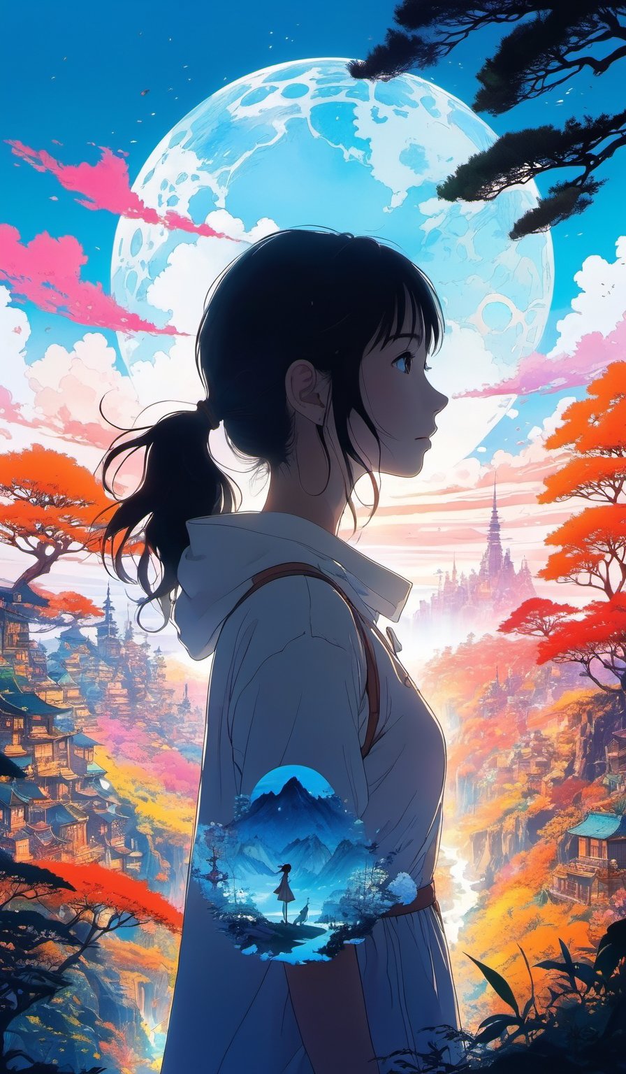 Silhouette of a girl in a scenery of a magical world, fantastic scenery of another world, close-up, double exposure, white background, vibrant colors, Studio Ghibli, StdGBRedmAF, lineart