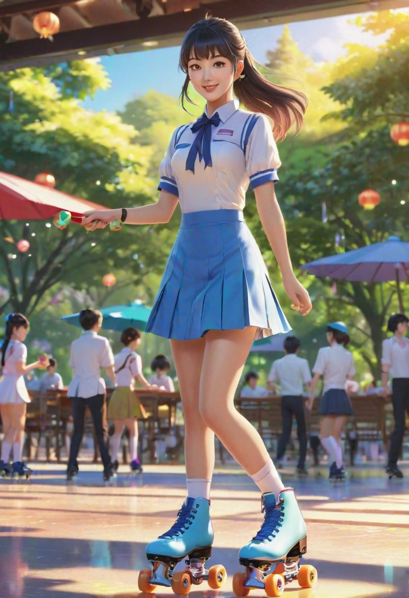 Ultra realistic, masterpiece Anime Artwork, Asian waitress, roller skating, in park, realistic, key visual, vibrant, ambient lighting, highly detailed