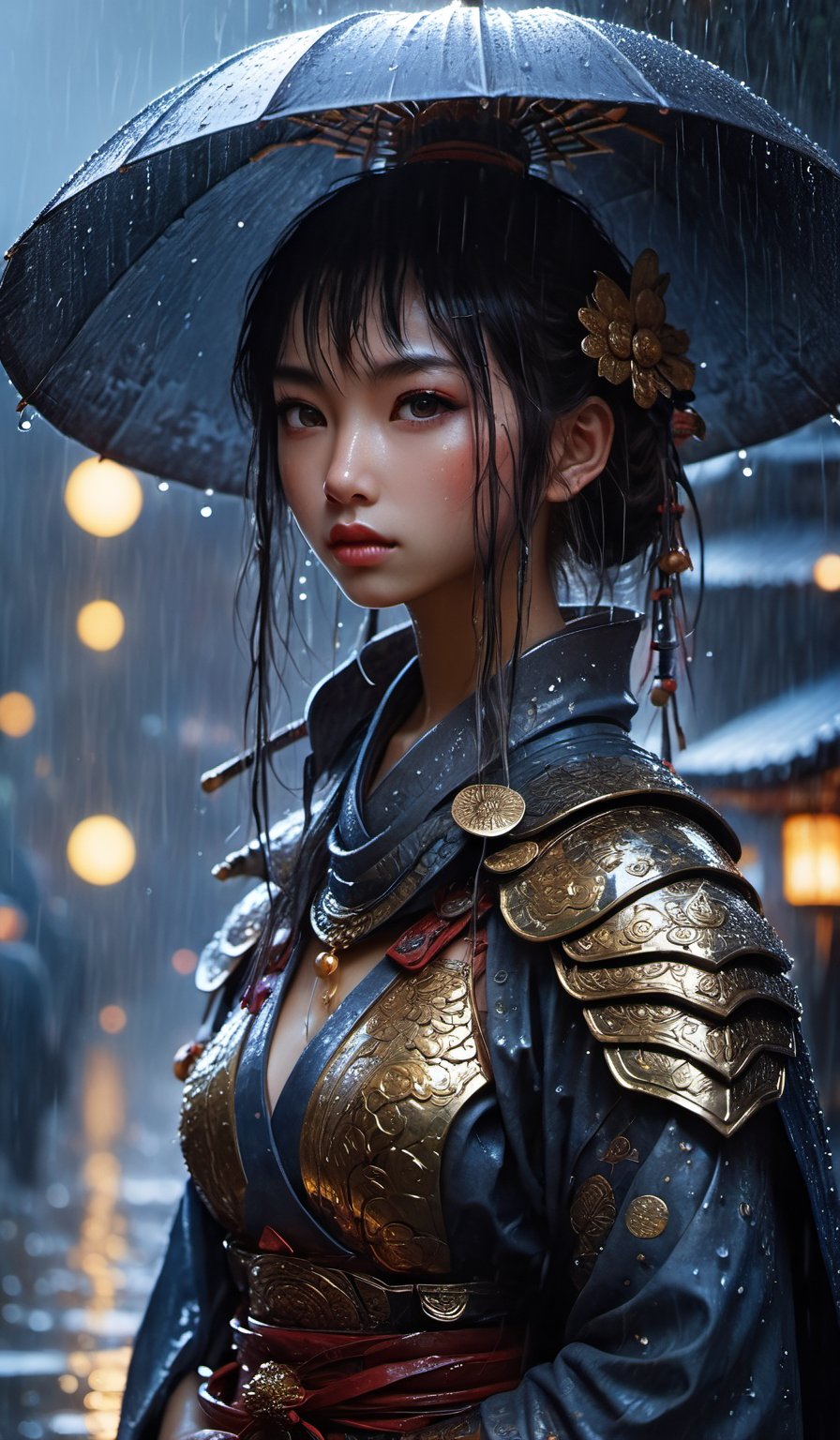 Hyper-detailed  painting, Jean-Baptiste Monge style, a gang of cute samurai girls gathered in the rain under an samurai armor, splash, glittering, cute and adorable, filigree, lights, fluffy, magic, surreal, fantasy, digital art, ultra hd, hyper-realistic illustration, vivid colors,  UHD, cinematic perfect light,greg rutkowski