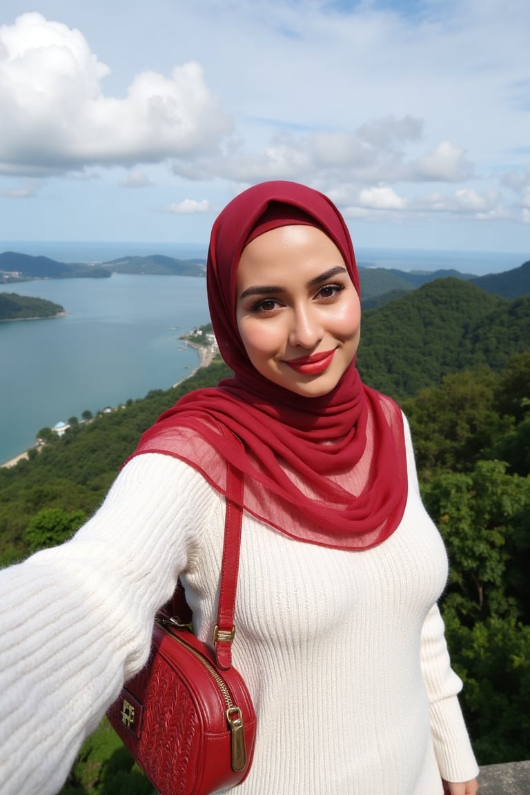 This is a high-resolution photograph featuring a young woman taking a selfie at an elevated viewpoint, likely a lookout or skywalk. The woman is of South Asian descent, with fair skin and a round face adorned with meticulously applied makeup, including bold, winged eyeliner and matte lipstick in a deep red shade. She wears a white, long-sleeve ribbed knit sweater and a voluminous, rich red hijab that flows gracefully around her, covering her head and shoulders. 

Her hijab is made of a lightweight, sheer fabric that allows for a soft, delicate texture contrasted against the knit sweater. She has a confident smile and is looking directly at the camera, capturing the moment with her right arm extended. She carries a woven, red leather handbag over her left shoulder, adding a pop of color to her outfit.

In the background, the scene extends to a breathtaking panoramic view of lush green forested hills and a vast body of water, likely a sea or lake, under a partly cloudy sky. The horizon is distant, with faint outlines of distant islands and the coastline. The overall mood of the image is serene and picturesque, highlighting both the beauty of nature and the woman's elegant attire.