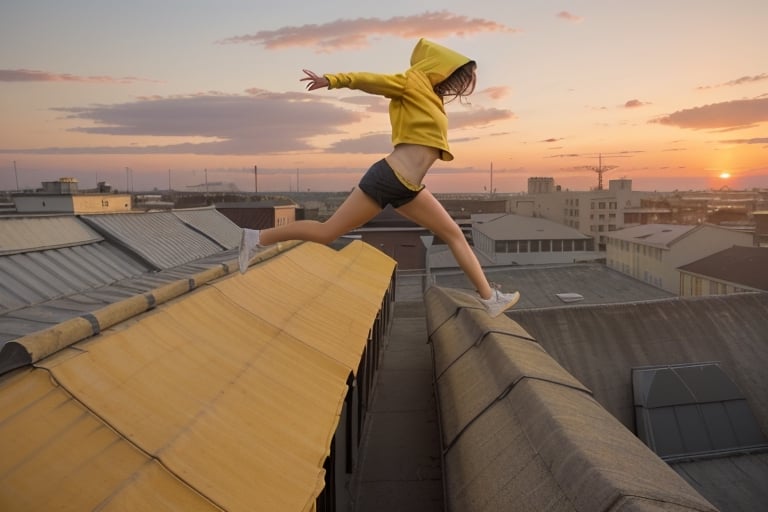 long shot of a girl jumps on a roof, wear yellow sleveless hoodie, wear crop top, wear shorts, short hair, sunset.