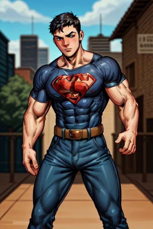 1boy, conner kent from DC Comics, black t-shirt, symbol of an s, navy blue pants, brown belt, black hair, highly detailed, high quality, masterpiece, medium short shot, beautiful, boy, alone, sensual pose, adrenaline face, detailed background, city, muscular