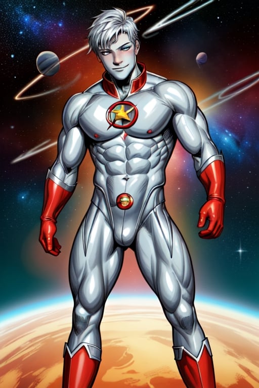 1boy, captain atom from DC Comics, silver skin , red gloves, red boots, atom symbol on the chest, silver hair, highly detailed, high quality, masterpiece, medium short shot, beautiful, boy, alone, sensual pose, happy face, detailed background, outer space, muscular