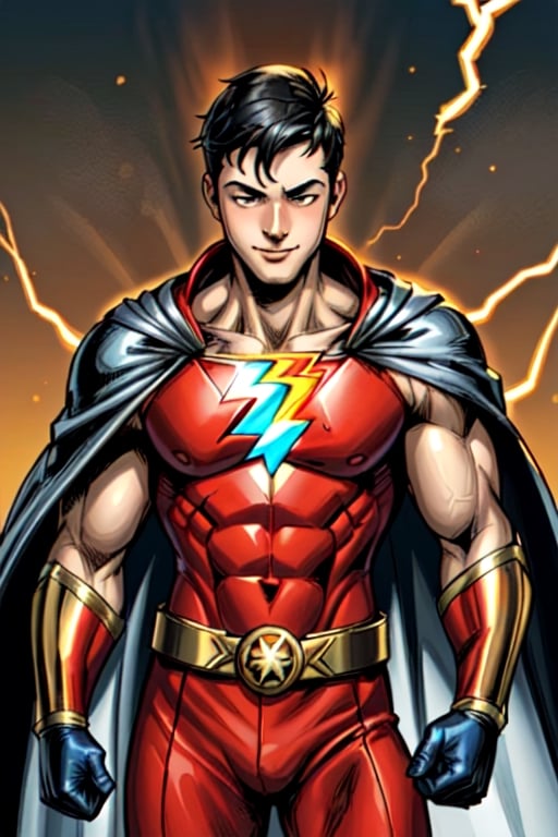 1boy, shazam from DC Comics, red suit, golden lightning symbol on chest, golden belt, golden gloves, white cape, black hair, highly detailed, high quality, masterpiece, medium short shot, beautiful, boy, alone, sensual pose, happy face, detailed background, sky , muscular
