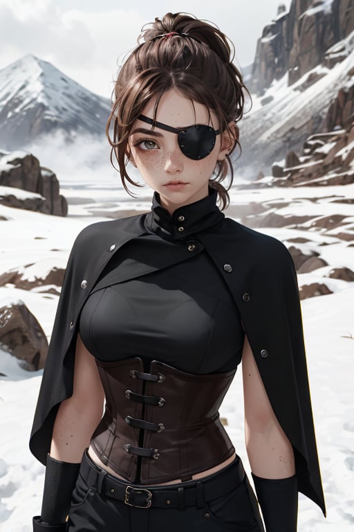 1girl, brown hair, high short ponytail, sideswept fringe, clean brushed haircut, brown eyes, black poncho, tactical corset, black thight pants, fingerless black gloves, serious face, Snowy mountain, cute, freckles, cute and young but serious face, full cheeks, eyepatch on left

Highly detailed, sharp focus, UDR, 64k. Masterpiece, with a haunting atmosphere, and mood lighting.