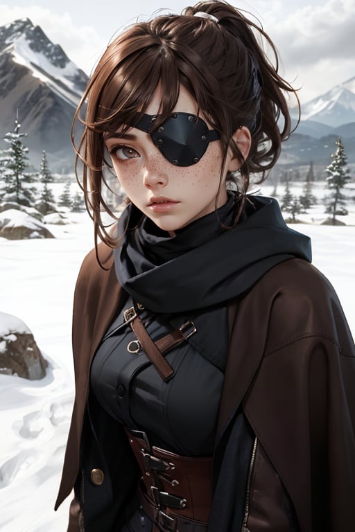 1girl, brown hair, high short ponytail, sideswept fringe, clean brushed haircut, brown eyes, black poncho, tactical corset, black thight pants, fingerless black gloves, serious face, Snowy mountain, cute, freckles, cute and young but serious face, full cheeks, eyepatch on left

Highly detailed, sharp focus, UDR, 64k. Masterpiece, with a haunting atmosphere, and mood lighting.