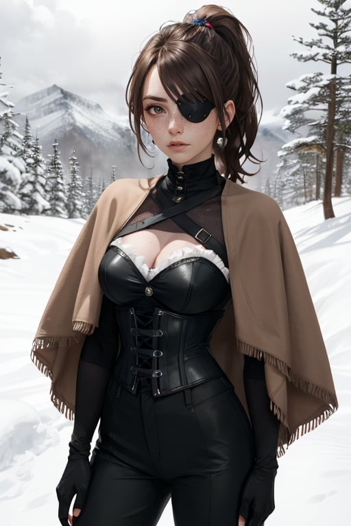 1girl, brown hair, high short ponytail, sideswept fringe, clean brushed haircut, brown eyes, black poncho, tactical corset, black thight pants, fingerless black gloves, serious face, Snowy mountain, cute, freckles, cute and young but serious face, full cheeks, eyepatch on left

Highly detailed, sharp focus, UDR, 64k. Masterpiece, with a haunting atmosphere, and mood lighting.