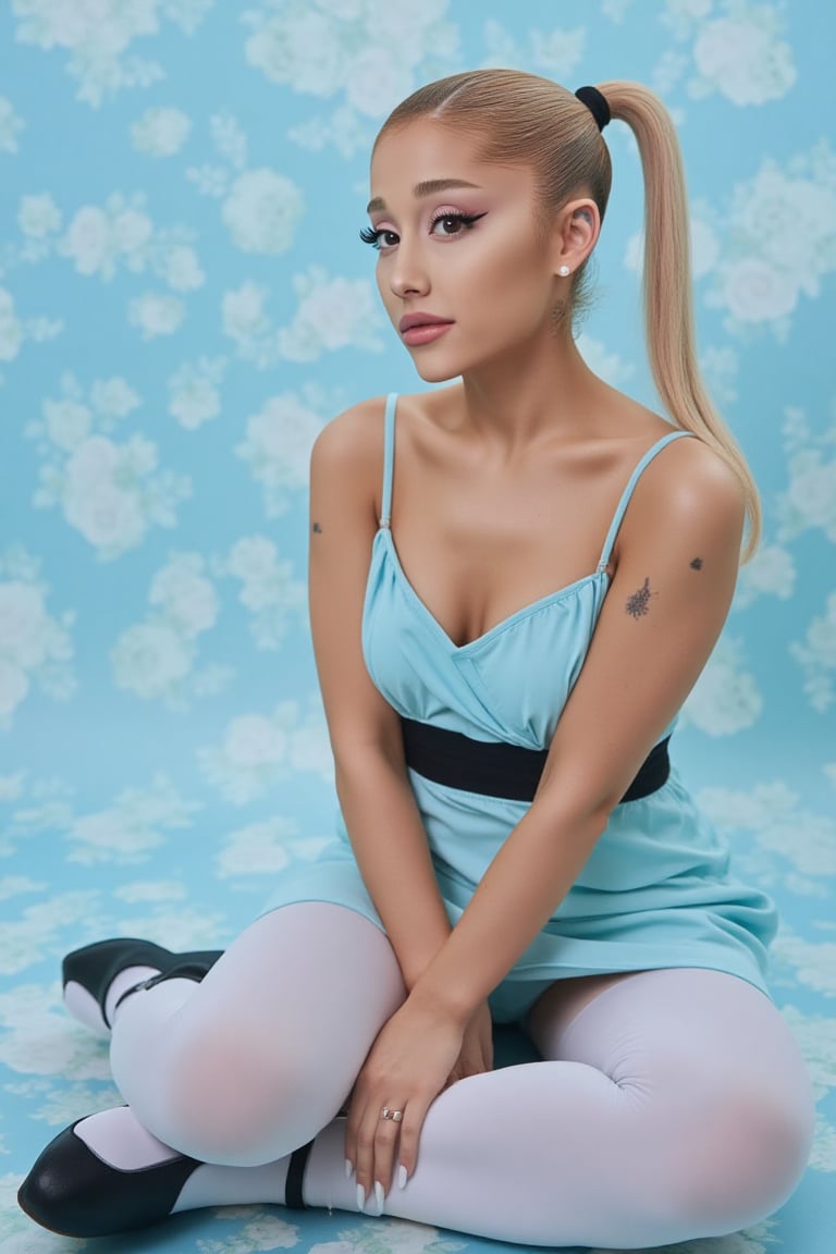 bd dynamic pose, Ariana Grande(arianagrande) modern fashionable girl, high resolution, precise correct anatomy


sexy, and beautiful woman, very accentuated features, perfect body with ideal proportions, perfect eyes with very long eyelashes, juicy lips, perfect smile, sensual makeup, Realism, sensual. wearing short pastel blue sleeveless mini dress with big black stripe around waist. white tights and black Mary Jane platform shoes. blonde hair in short high pigtails. floral blue background. sitting on ground 