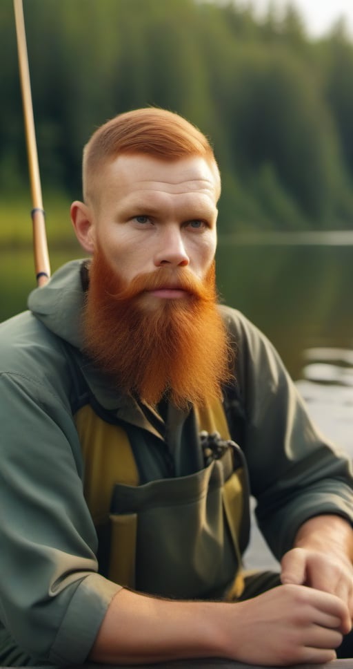 close-up of a male fisherman with one fishing rod of Slavic origin with a red beard, against the background of a river, forest in the background,