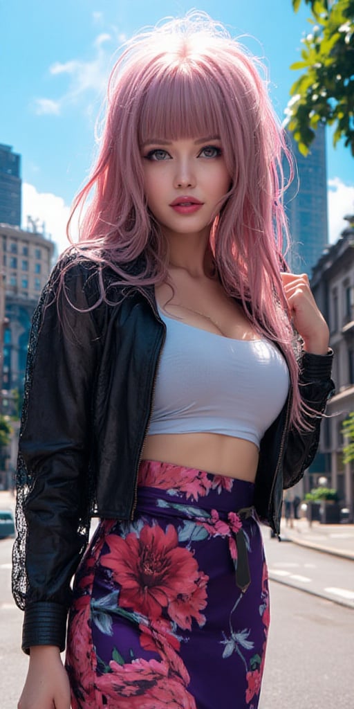 Captured at eye-level on a vibrant day,  a animated woman with long pink hair stands on a city street. She is dressed in a...