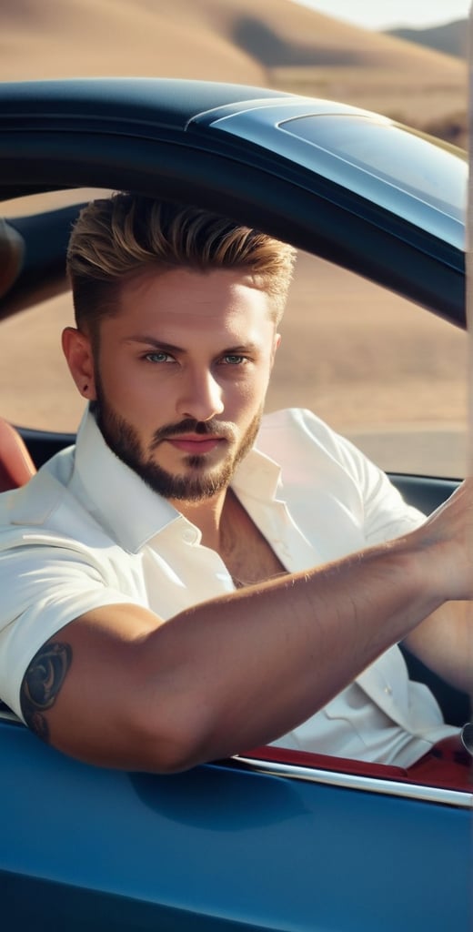 A majestic photograph captures the dashing European man, aged 28, with piercing sapphire blue eyes and radiant complexion, sitting in the driver's seat of a sleek red Ferrari car with open roof on a desert road. Framed by the open roof, his broad face, beard, and short chest hair exude charm as he drives at high speed. His light brown hair ruffles in the wind, and his bright, long-lashed eyes sparkle with a calm smile. He wears a white shirt under a blue jeans jacket, showcasing his athletic physique. The car's logo gleams in the sunlight, casting a warm glow on his features. A tattoo of a lion adorns his arm, adding to his rugged charm. With intricate details, perfect focus, and supreme resolution, this photorealistic masterpiece captures every nuance of its subject.