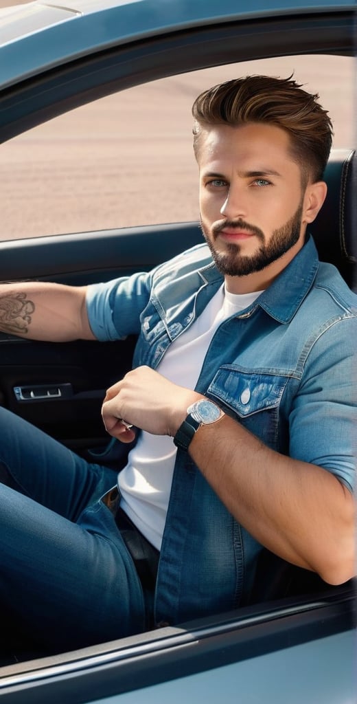 A majestic photograph captures the dashing European man, aged 28, with piercing sapphire blue eyes and radiant complexion, sitting in the driver's seat of a sleek red Ferrari car with open roof on a desert road. Framed by the open roof, his broad face, beard, and short chest hair exude charm as he drives at high speed. His light brown hair ruffles in the wind, and his bright, long-lashed eyes sparkle with a calm smile. He wears a white shirt under a blue jeans jacket, showcasing his athletic physique. The car's logo gleams in the sunlight, casting a warm glow on his features. A tattoo of a lion adorns his arm, adding to his rugged charm. With intricate details, perfect focus, and supreme resolution, this photorealistic masterpiece captures every nuance of its subject.