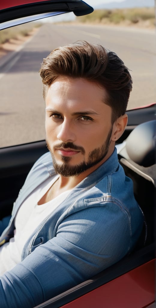 A majestic photograph captures the dashing European man, aged 28, with piercing sapphire blue eyes and radiant complexion, sitting in the driver's seat of a sleek red Ferrari car with open roof on a desert road. Framed by the open roof, his broad face, beard, and short chest hair exude charm as he drives at high speed. His light brown hair ruffles in the wind, and his bright, long-lashed eyes sparkle with a calm smile. He wears a white shirt under a blue jeans jacket, showcasing his athletic physique. The car's logo gleams in the sunlight, casting a warm glow on his features. A tattoo of a lion adorns his arm, adding to his rugged charm. With intricate details, perfect focus, and supreme resolution, this photorealistic masterpiece captures every nuance of its subject.