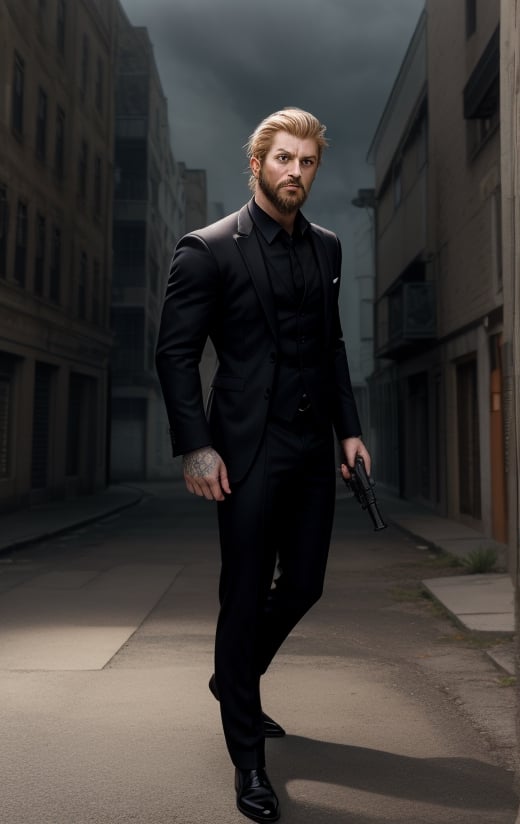 Full body image, short Hair, hazel blond eyes, small beard.,Portrait, athletic, holding pistol in one hand, Wearing Black Suit, Aggressive gangster look,