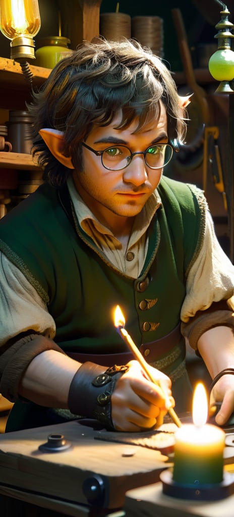 A bespectacled halfling artificer, with striking dark green locks, leans over a cluttered workbench in his cozy workshop. Soft lighting emanates from candles and lanterns, casting warm shadows on the wooden surfaces as he tinkers with intricate clockwork mechanisms. His ruggedly handsome features are illuminated by the faint glow of experimentation, his bright eyes focused intently on the task at hand.,Realistic Photo,Handsome Man