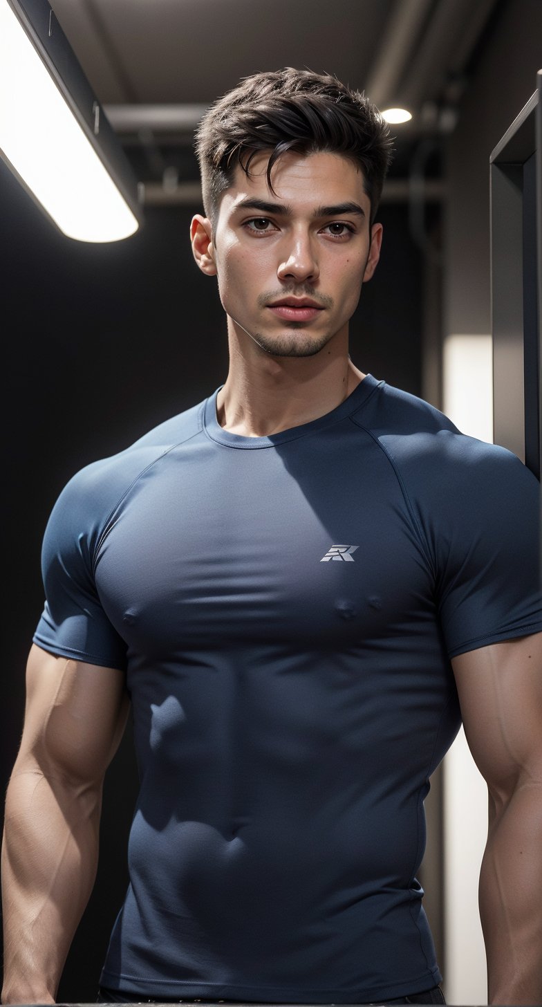 Close-up shot of the Asian model's chiseled features: sharp jawline, defined cheekbones, and piercing blue eyes gazing directly into the camera lens. Soft, overhead lighting highlights his lean physique as he stands confidently in front of a sleek metallic background, fitted T-shirt accentuating his toned physique, exuding confidence and masculinity.