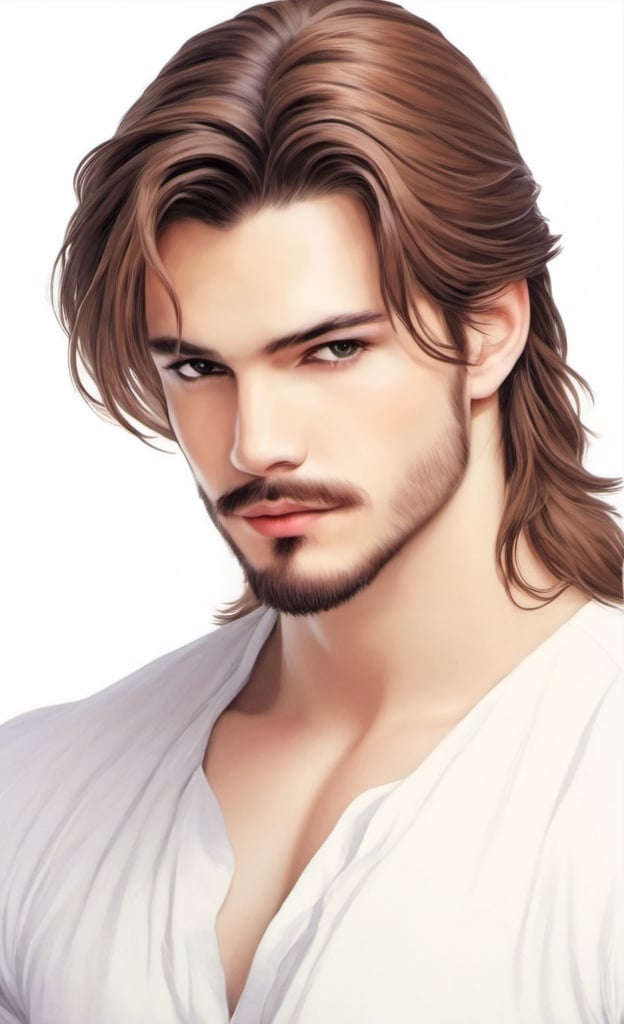 solo, long hair, simple background, brown hair, 1boy, white background, upper body, ponytail, male focus, facial hair, beard