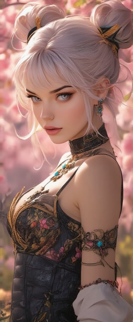 The image depicts a young woman with long blonde hair styled in two high buns,  each secured with black hairbands adorned...