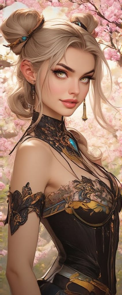 The image depicts a young woman with long blonde hair styled in two high buns,  each secured with black hairbands adorned...