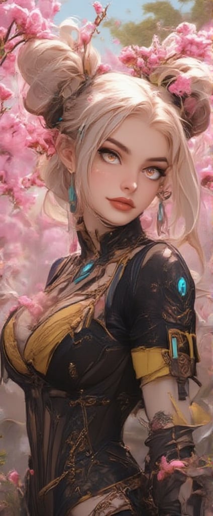The image depicts a young woman with long blonde hair styled in two high buns,  each secured with black hairbands adorned...