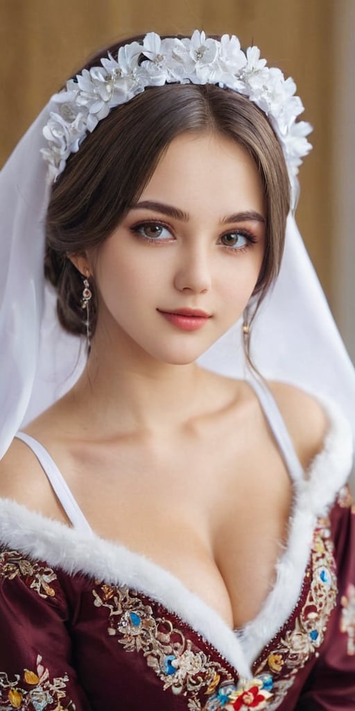 full image, Azur Lane,Beautiful Ukrainian girl,20 years old,A happy expression,Beautiful iris with high precision, light grey eyes,Ukrainian Chirpy,(Big breasts),(Deep cleavage),(long pure Brown hair),smooth hair,
Wearing traditional Ukrainian wedding costumes intricately embroidered with delicate and beautiful patterns, characterized by bright colors and fine needlework, women wear headscarves and headdresses decorated with jewels and beads, adding elegance to their ensembles, earrings, necklaces, bracelets, and other accessories. accessories, red bottoms, and fur boots,Extremely Realistic,Score_9,niji5,aesthetic,perfecteyes,Hot Body, b4b1