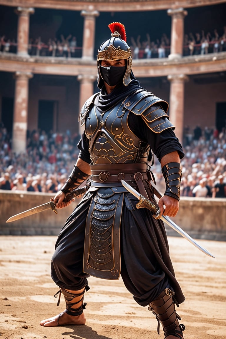 1man, arena of ancient Rome, where the Ninja Gladiator reigns supreme. Clad in stealthy attire and armed with Roman weaponry enhanced by ninja gadgets, this enigmatic warrior combines the agility of a ninja with the prowess of a gladiator. His swift movements and elusive techniques bewilder opponents, ,bl1ndm5k