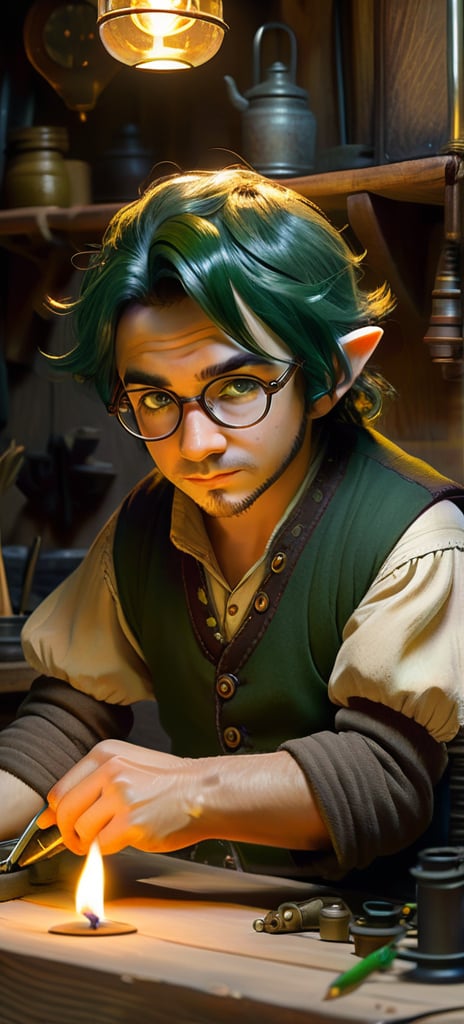 A bespectacled halfling artificer, with striking dark green locks, leans over a cluttered workbench in his cozy workshop. Soft lighting emanates from candles and lanterns, casting warm shadows on the wooden surfaces as he tinkers with intricate clockwork mechanisms. His ruggedly handsome features are illuminated by the faint glow of experimentation, his bright eyes focused intently on the task at hand.,Realistic Photo,Handsome Man