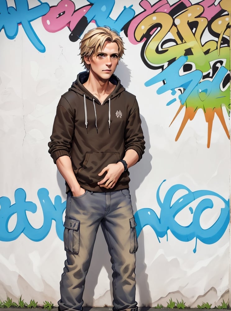 Mater Piece, High Quality image, Front View image, Short Hair, hazel blond Hair. Hazel eyes, small beard, public view Man, Straight down arm and hands, Black Assassin Hoodie and Blue Cargo Jeans, standing in the street in front of Graffiti wall,Detailedface,Man,Portrait