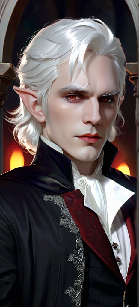 Splash art portrait of male vampire, elf, androgynous, handsome, white haired man with short wavy white hair, {white eyebrows}, red eyes, victorian dark clothes, elegant, highly detailed, intricate, smooth, sharp focus, artstation, digital painting, concept art, art by greg rutkowski,Realistic Photo,Handsome Man