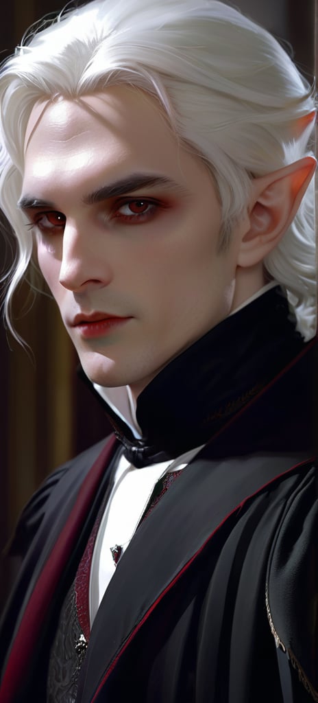 Splash art portrait of male vampire, elf, androgynous, handsome, white haired man with short wavy white hair, {white eyebrows}, red eyes, victorian dark clothes, elegant, highly detailed, intricate, smooth, sharp focus, artstation, digital painting, concept art, art by greg rutkowski,Realistic Photo,Handsome Man