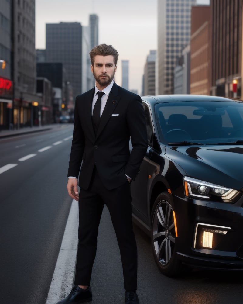 Full body image, Long Hair, hazel blond eyes, small beard.,Portrait, athletic, Wearing Black Suit, Aggressive gangster look, looking_at_viewers, standing on road With a dull black skyline car,Pectoral Focus,Realistic