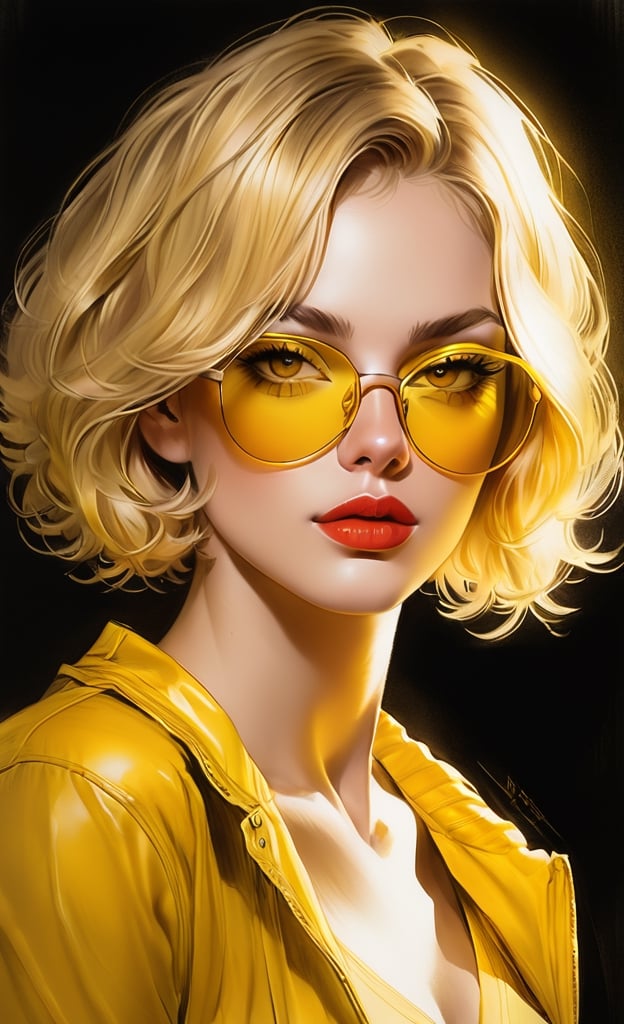 pencil Sketch of a beautiful  Teagan Croft, 30 years old, , Yellow short hair, yellow shades, cap, disheveled alluring, portrait by Charles Miano, ink drawing, illustrative art, soft lighting, detailed, more Flowing rhythm, elegant, low contrast, add soft blur with thin line, full red lips, Yellow eyes, yellow clothes.