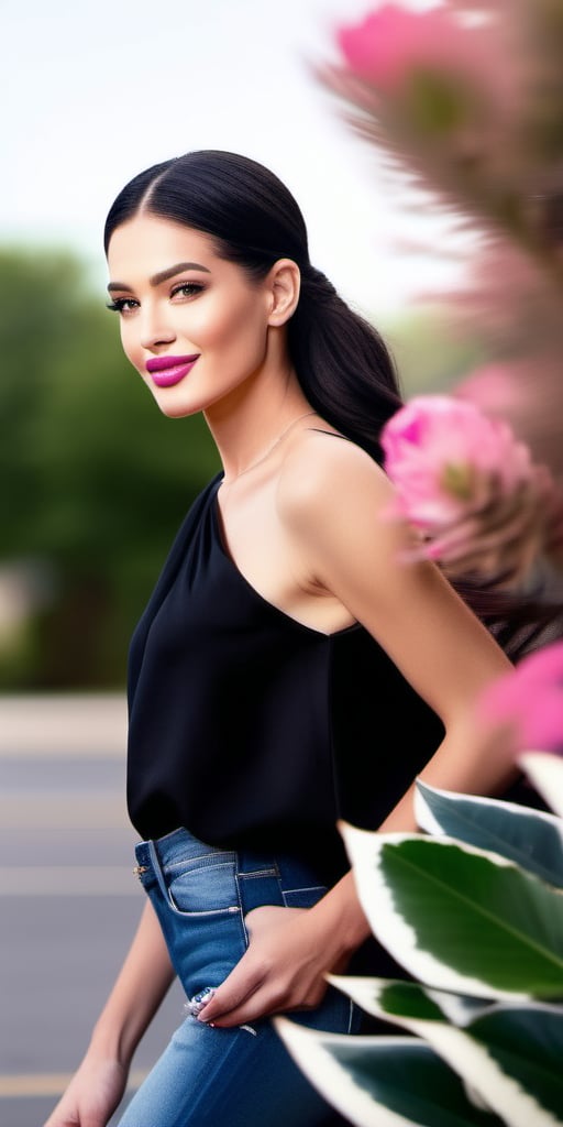 A stunning woman stands in a well-lit parking lot, her dark brown eyes sparkling beneath perfectly pink lips. Her long black hair falls softly over her shoulders, framing her flawless features. She wears a fitted black blouse, distressed blue jeans with white rips, and strappy black sandals that showcase her toned legs. A sleek ponytail adds a pop of color to her outfit, drawing attention to her radiant face. The surrounding trees, adorned with vibrant green leaves, create a natural backdrop, while the deep blue sky above adds a sense of depth and serenity.,Face Detail,Enhanced Beauty,Smile