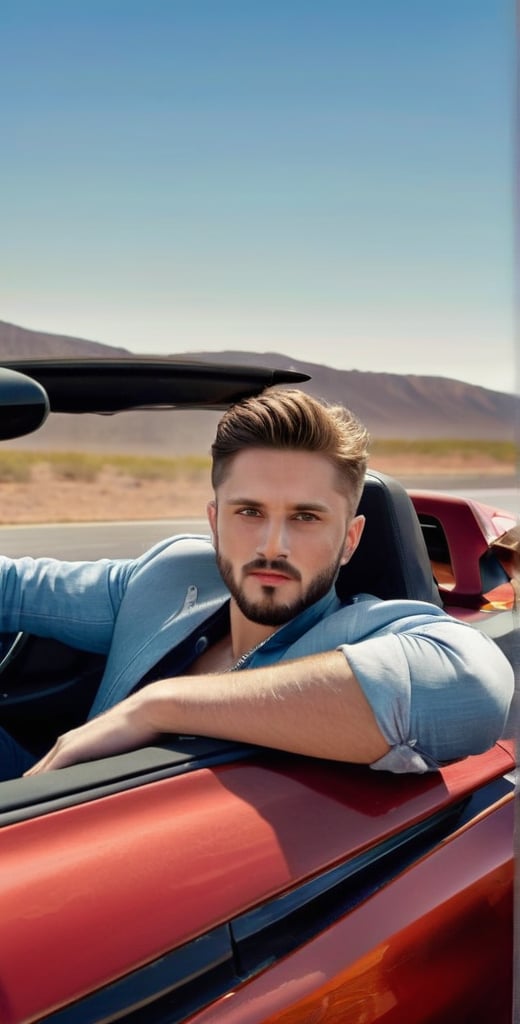 A majestic photograph captures the dashing European man, aged 28, with piercing sapphire blue eyes and radiant complexion, sitting in the driver's seat of a sleek red Ferrari car with open roof on a desert road. Framed by the open roof, his broad face, beard, and short chest hair exude charm as he drives at high speed. His light brown hair ruffles in the wind, and his bright, long-lashed eyes sparkle with a calm smile. He wears a white shirt under a blue jeans jacket, showcasing his athletic physique. The car's logo gleams in the sunlight, casting a warm glow on his features. A tattoo of a lion adorns his arm, adding to his rugged charm. With intricate details, perfect focus, and supreme resolution, this photorealistic masterpiece captures every nuance of its subject.