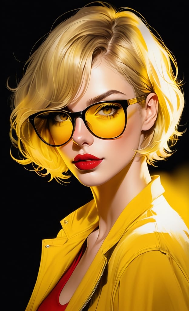 pencil Sketch of a beautiful  Teagan Croft, 30 years old, , Yellow short hair, yellow shades, cap, disheveled alluring, portrait by Charles Miano, ink drawing, illustrative art, soft lighting, detailed, more Flowing rhythm, elegant, low contrast, add soft blur with thin line, full red lips, Yellow eyes, yellow clothes.