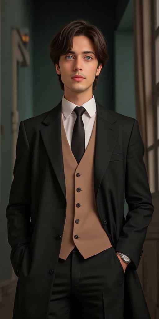 An animated portrait of a young man in a black suit with a white collared shirt and a black tie. The man has dark brown hair and piercing light brown eyes. He is standing with his hands in his pockets. His left hand is resting on his hip. His right wrist has a silver watch on it. His suit coat is black with a light brown vest over it. The backdrop is a dark green wall with windows.