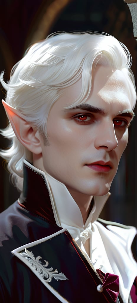 Splash art portrait of male vampire, elf, androgynous, handsome, white haired man with short wavy white hair, {white eyebrows}, red eyes, victorian dark clothes, elegant, highly detailed, intricate, smooth, sharp focus, artstation, digital painting, concept art, art by greg rutkowski,Realistic Photo,Handsome Man