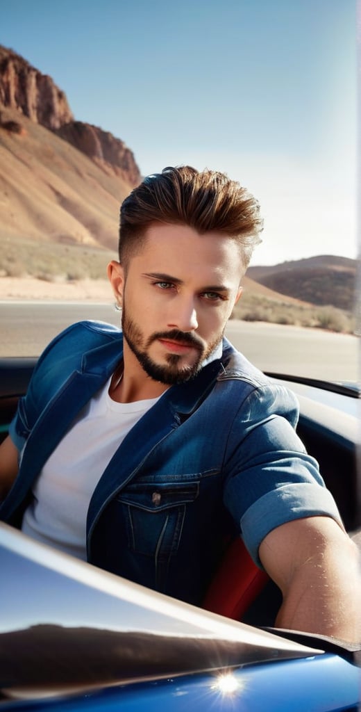 A majestic photograph captures the dashing European man, aged 28, with piercing sapphire blue eyes and radiant complexion, sitting in the driver's seat of a sleek red Ferrari car with open roof on a desert road. Framed by the open roof, his broad face, beard, and short chest hair exude charm as he drives at high speed. His light brown hair ruffles in the wind, and his bright, long-lashed eyes sparkle with a calm smile. He wears a white shirt under a blue jeans jacket, showcasing his athletic physique. The car's logo gleams in the sunlight, casting a warm glow on his features. A tattoo of a lion adorns his arm, adding to his rugged charm. With intricate details, perfect focus, and supreme resolution, this photorealistic masterpiece captures every nuance of its subject.