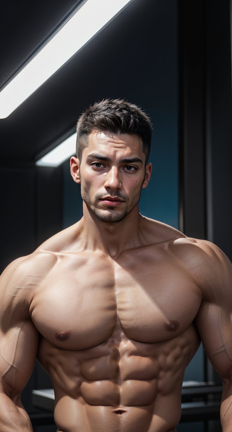 Close-up shot of the Asian model's chiseled features: sharp jawline, defined cheekbones, and piercing blue eyes gazing directly into the camera lens. Soft, overhead lighting highlights his lean physique as he stands confidently in front of a sleek metallic background, fitted T-shirt accentuating his toned physique, exuding confidence and masculinity.