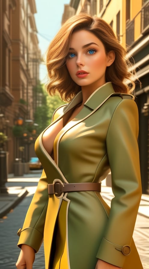 Highly detailed animation of a heroic 30 yo spy standing in the city street,clear facial features,detailed exquisite face,looking over sunglasses that have slipped down her nose,curvy voluptuous hourgalss model body, Big Breast, detailed shiny hair,(backdrop detailed complex city street,car,tree,persons,lamp post),BREAK,
trench coat open, (tight deep cut blouse showingextremely huge extremely massive deep long symmetric isometric cleavage between Eextremely gigantic extremely massive, perfectly round spherical symmetric beachball breasts), short skirt, BREAK,
(Rosewood,Mustard Yellow,Olive Green,Fluttering Peach color),(perfect hands:1.2),perfect body proportions,(highly detailed form-fitting mecha armor),(upperbody shot)
BREAK 
(anime vibes),rule of thirds,masterpiece,HDR,trending on artstation,sharp focus,high contrast,8K,Hyper-detailed,intricate details,cinematic lighting,art_booster,real_booster,photo_b00ster,disney pixar style