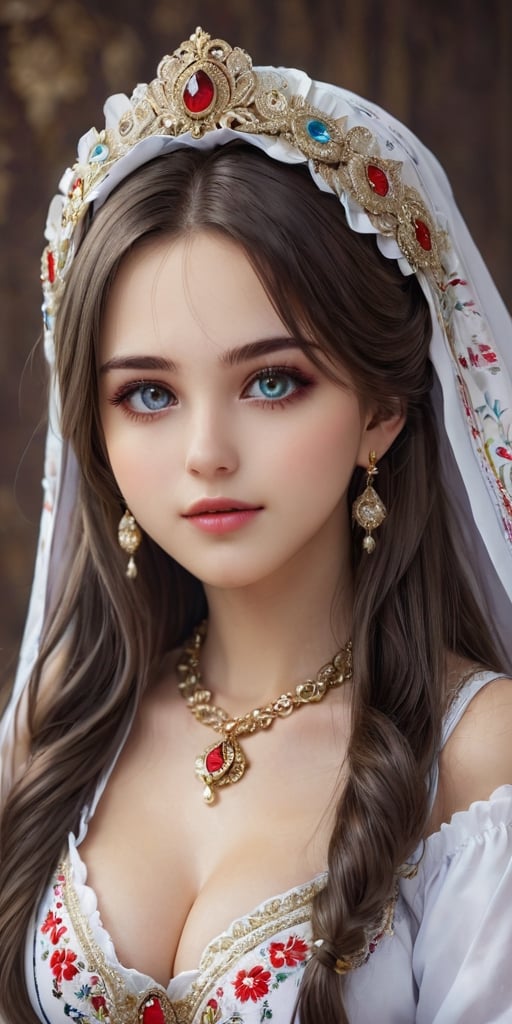  Azur Lane,Beautiful Ukrainian girl,20 years old,A happy expression,Beautiful iris with high precision, light grey eyes,Ukrainian Chirpy,(Big breasts),(Deep cleavage),(long pure Brown hair),smooth hair,
Wearing traditional Ukrainian wedding costumes intricately embroidered with delicate and beautiful patterns, characterized by bright colors and fine needlework, women wear headscarves and headdresses decorated with jewels and beads, adding elegance to their ensembles, earrings, necklaces, bracelets, and other accessories. accessories, red bottoms, and fur boots,Extremely Realistic,Score_9,niji5,aesthetic,perfecteyes,Hot Body