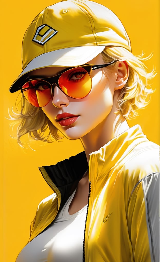 pencil Sketch of a beautiful  athletic woman 30 years old, , Yellow short hair, yellow shades, cap, disheveled alluring, portrait by Charles Miano, ink drawing, illustrative art, soft lighting, detailed, more Flowing rhythm, elegant, low contrast, add soft blur with thin line, full red lips, Yellow eyes, yellow clothes.