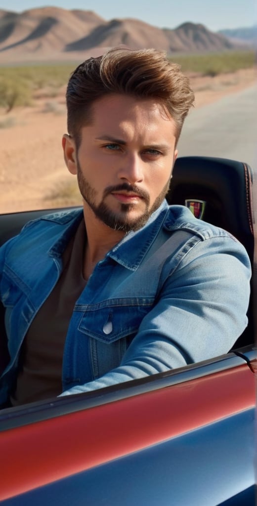 A majestic photograph captures the dashing European man, aged 28, with piercing sapphire blue eyes and radiant complexion, sitting in the driver's seat of a sleek red Ferrari car with open roof on a desert road. Framed by the open roof, his broad face, beard, and short chest hair exude charm as he drives at high speed. His light brown hair ruffles in the wind, and his bright, long-lashed eyes sparkle with a calm smile. He wears a white shirt under a blue jeans jacket, showcasing his athletic physique. The car's logo gleams in the sunlight, casting a warm glow on his features. A tattoo of a lion adorns his arm, adding to his rugged charm. With intricate details, perfect focus, and supreme resolution, this photorealistic masterpiece captures every nuance of its subject.