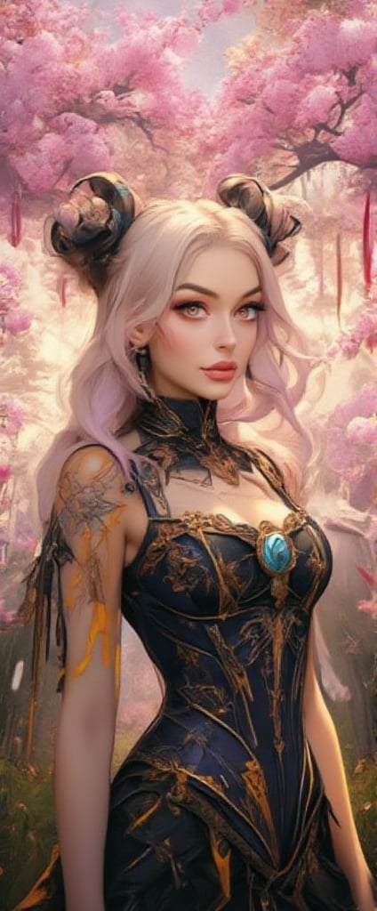 The image depicts a young woman with long blonde hair styled in two high buns,  each secured with black hairbands adorned...