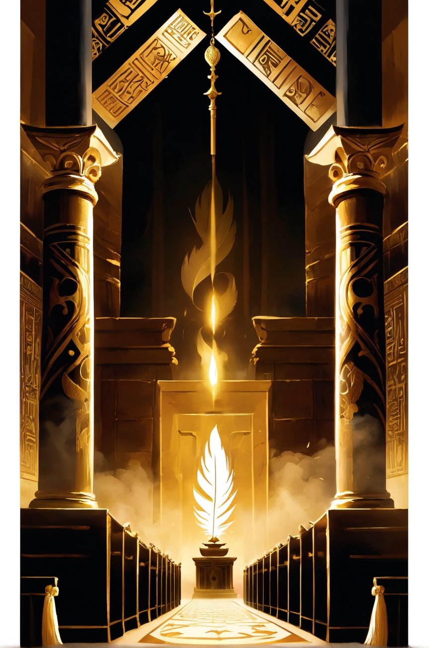 the ceremony, where people’s hearts♥ are weighed on a scale against a feather, intense expressions of hope and fear on the faces of the participants, dimly lit chamber with flickering torches casting ominous shadows, intricate golden scale adorned with hieroglyphics, ancient scrolls lining the walls, an ethereal feather glowing softly, 